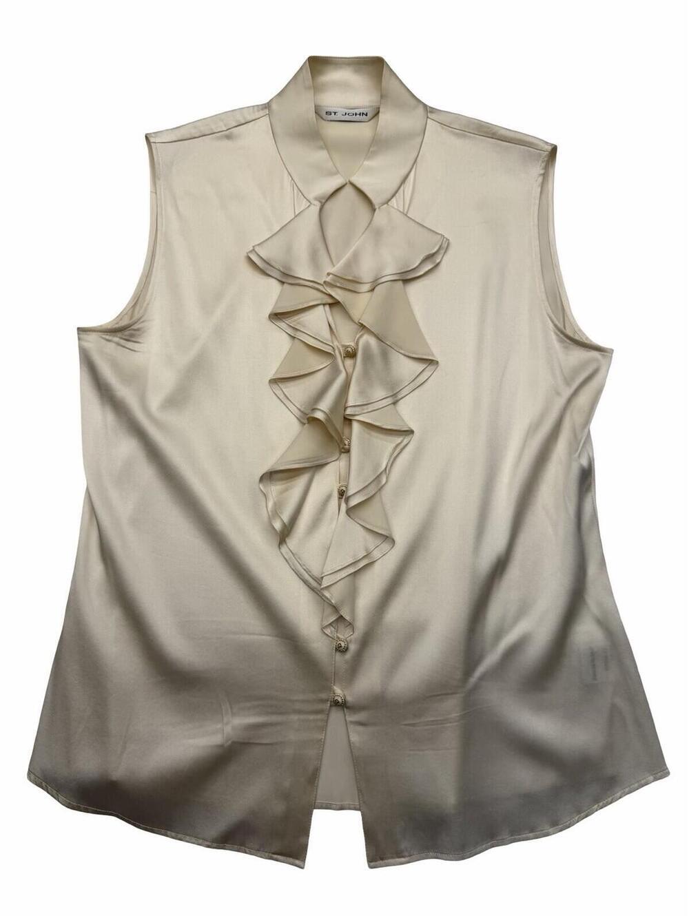 St. John Silk Button-Up Sleeveless Ruffle Top Blouse Cream Size US 8